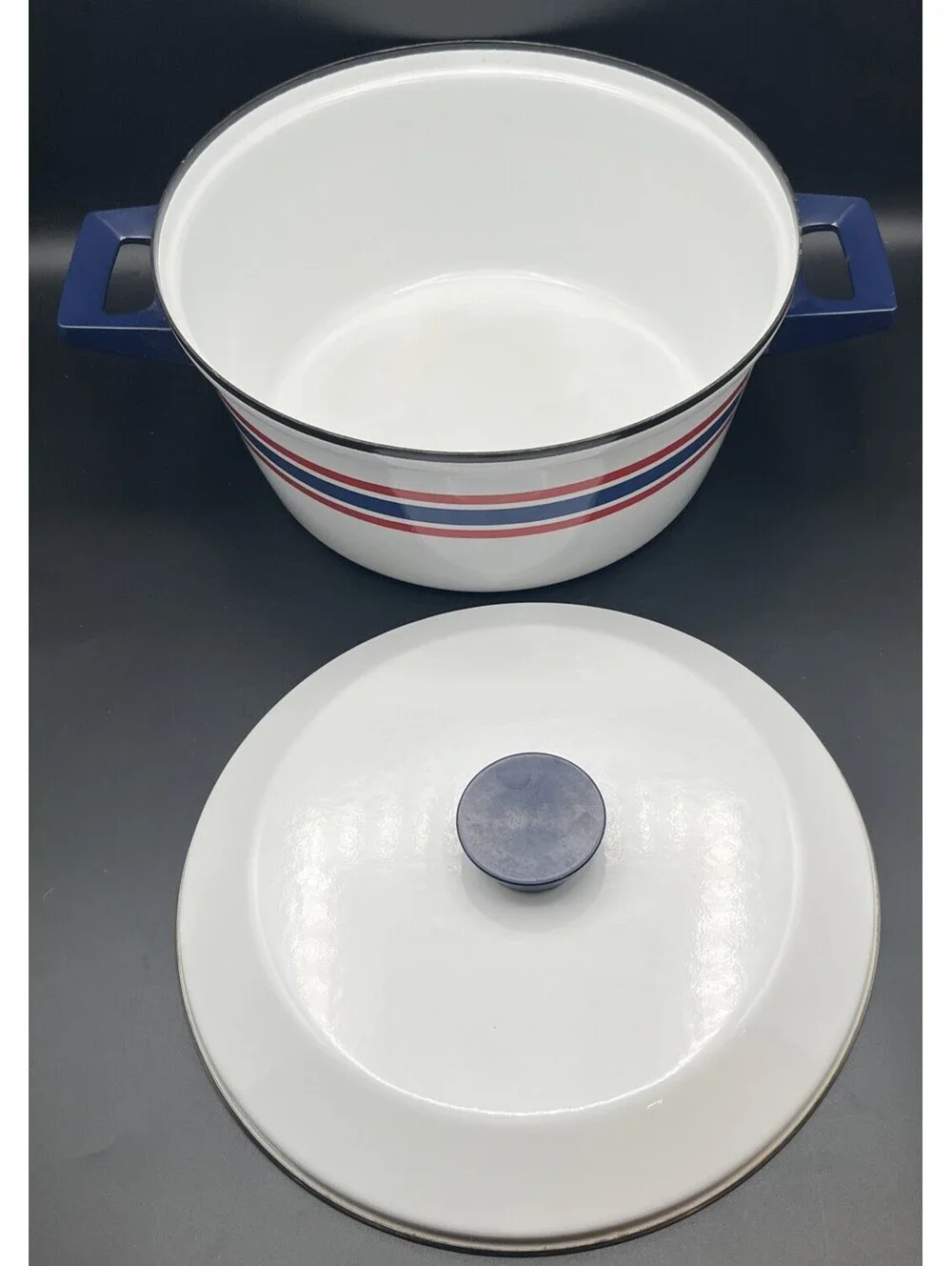 Vintage Cathrineholm Norway Enamel Dutch Oven Blue Red Stripe Club Celebration